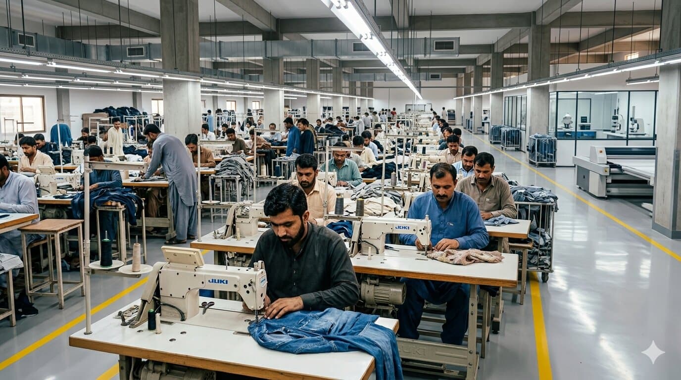 State-of-the-art garment manufacturing factory in Pakistan with advanced machinery for bulk apparel and custom clothing production